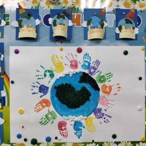 Коллективная аппликация с элементами нетрадиционной техники рисования ладошками «Мы — помощники Земли» в средней группе