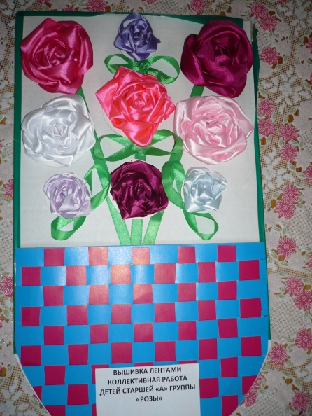 Вышивка лентами розы в корзинке для подарка близким на праздник