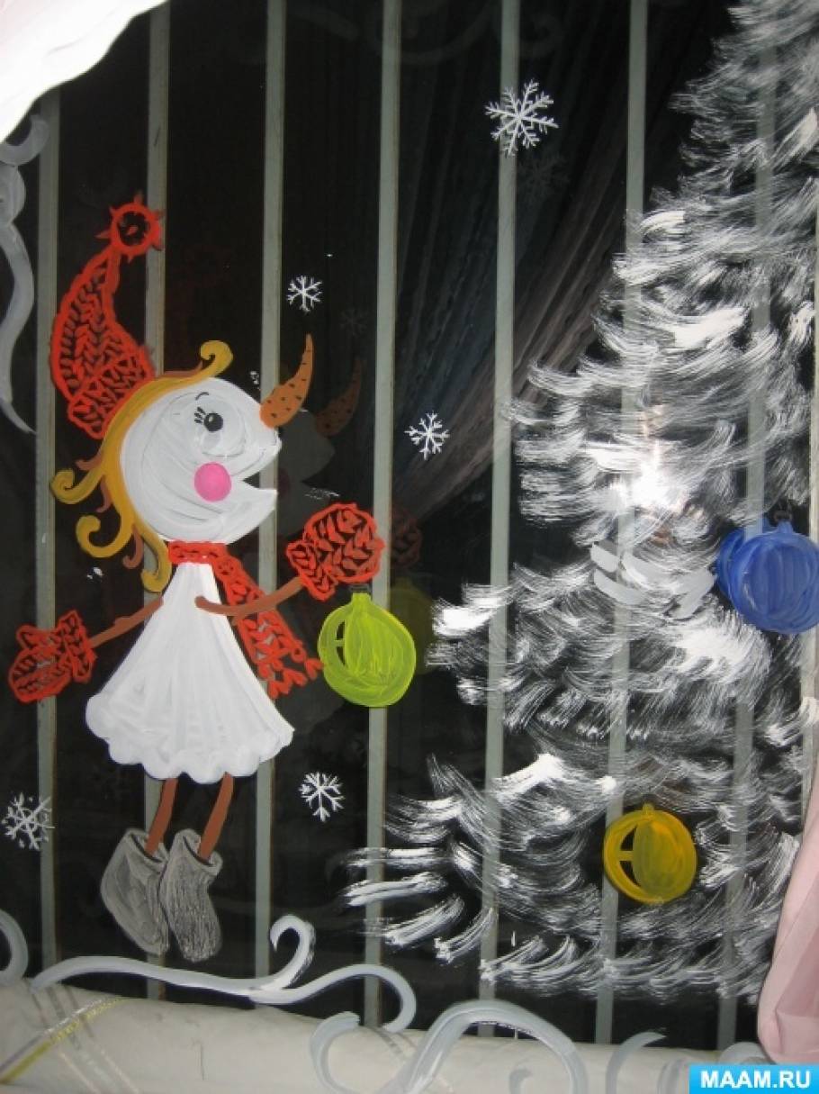 Новогодние рисунки на окнах гуашью (9 фото). Воспитателям детских садов,  школьным учителям и педагогам - Маам.ру