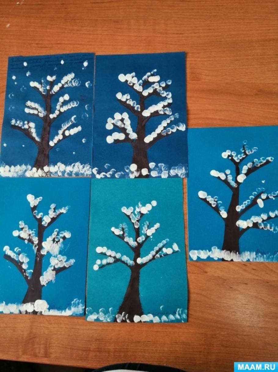 «Деревья в снегу» рисование красками