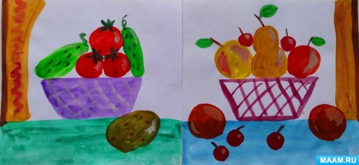 Раскраска овощи и фрукты, корзина с овощами для детей