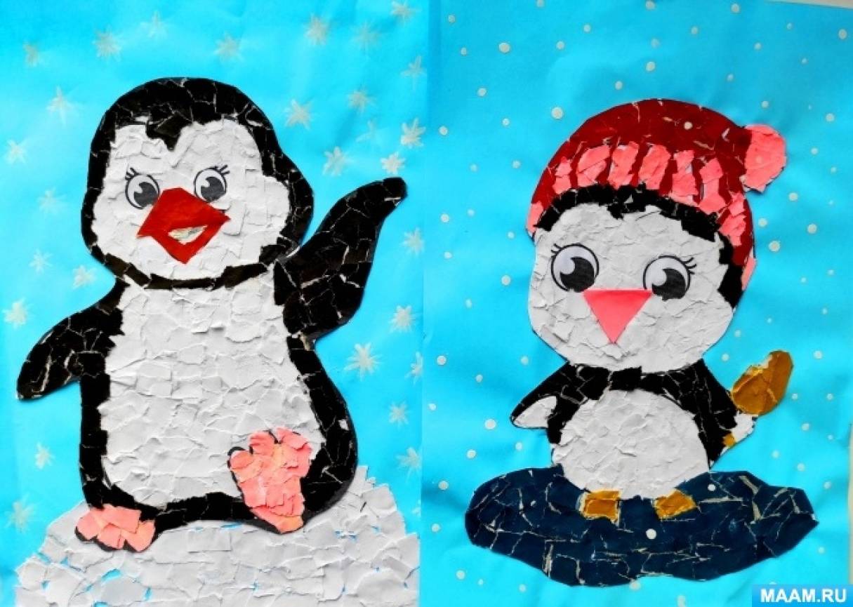 Детская аппликация из бумаги пингвин