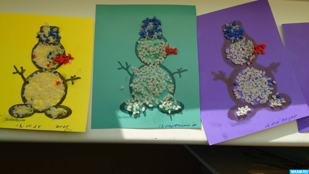 Поделки для детского сада Аппликация снеговик с метлой из риса гречки и пшена