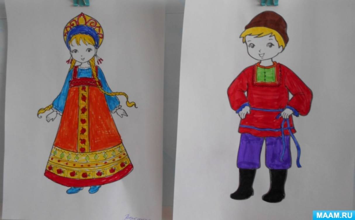 Русский народный костюм рисунки для детей легкие (50 фото)