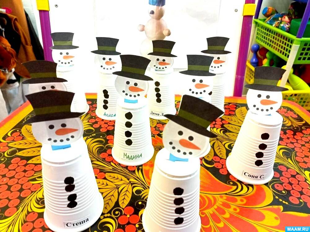 Идеи для создания снеговика из пластиковых стаканчиков
