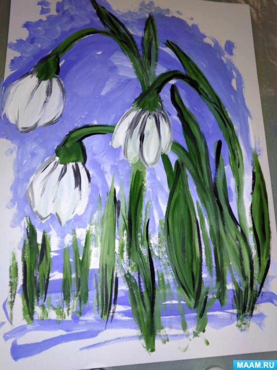 Рисование весенние цветы старшая группа. Рисование с детьми весенние цветы. Подснежники гуашью. Подснежники красками. Рисование подснежники подготовительная.